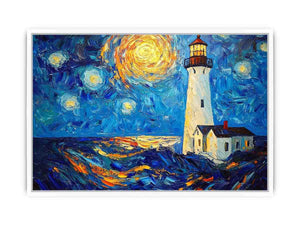 Coastal lighthouse canvas art with starry moonlit sky and ocean waves for modern living room decor.
