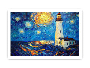 Coastal lighthouse canvas art with starry moonlit sky and ocean waves for modern living room decor.