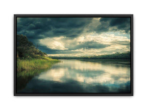 Moody lake canvas art with dramatic clouds and reflections for modern interior decor