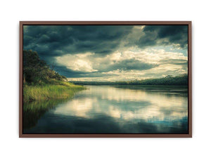 Moody lake canvas art with dramatic clouds and reflections for modern interior decor