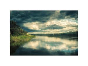 Moody lake canvas art with dramatic clouds and reflections for modern interior decor