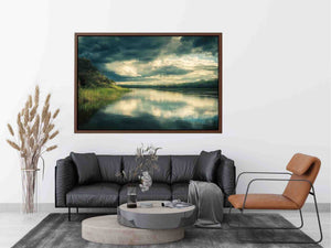 Moody lake canvas art with dramatic clouds and reflections for modern interior decor