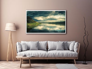 Moody lake canvas art with dramatic clouds and reflections for modern interior decor