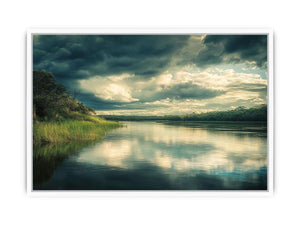 Moody lake canvas art with dramatic clouds and reflections for modern interior decor