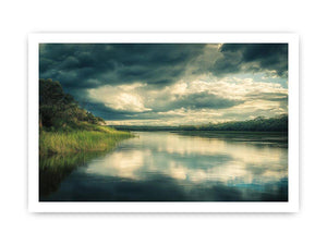 Moody lake canvas art with dramatic clouds and reflections for modern interior decor
