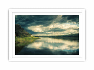 Moody lake canvas art with dramatic clouds and reflections for modern interior decor