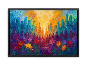 Colorful cityscape floral canvas art with silhouettes for vibrant modern living room decor