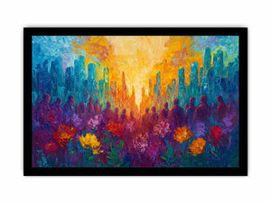Colorful cityscape floral canvas art with silhouettes for vibrant modern living room decor