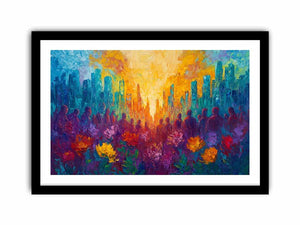 Colorful cityscape floral canvas art with silhouettes for vibrant modern living room decor