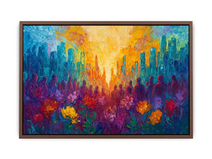 Colorful cityscape floral canvas art with silhouettes for vibrant modern living room decor