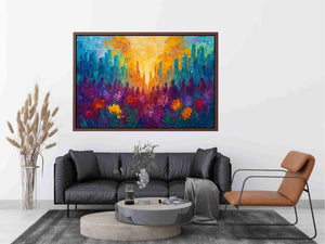 Colorful cityscape floral canvas art with silhouettes for vibrant modern living room decor