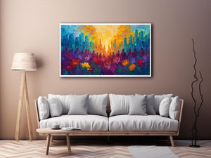 Colorful cityscape floral canvas art with silhouettes for vibrant modern living room decor
