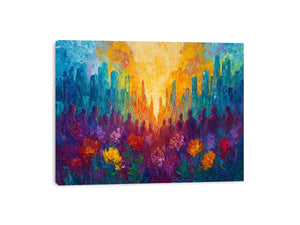 Colorful cityscape floral canvas art with silhouettes for vibrant modern living room decor