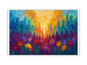 Colorful cityscape floral canvas art with silhouettes for vibrant modern living room decor