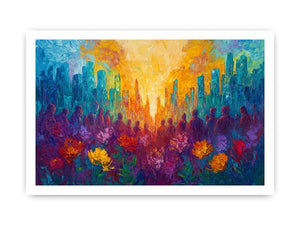 Colorful cityscape floral canvas art with silhouettes for vibrant modern living room decor