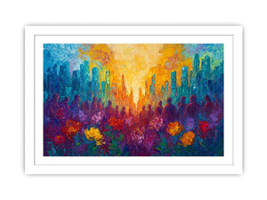 Colorful cityscape floral canvas art with silhouettes for vibrant modern living room decor