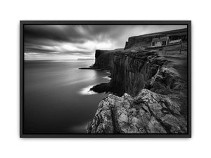 Black and white coastal cliff photography for modern living room decor.