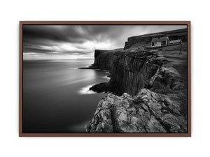 Black and white coastal cliff photography for modern living room decor.