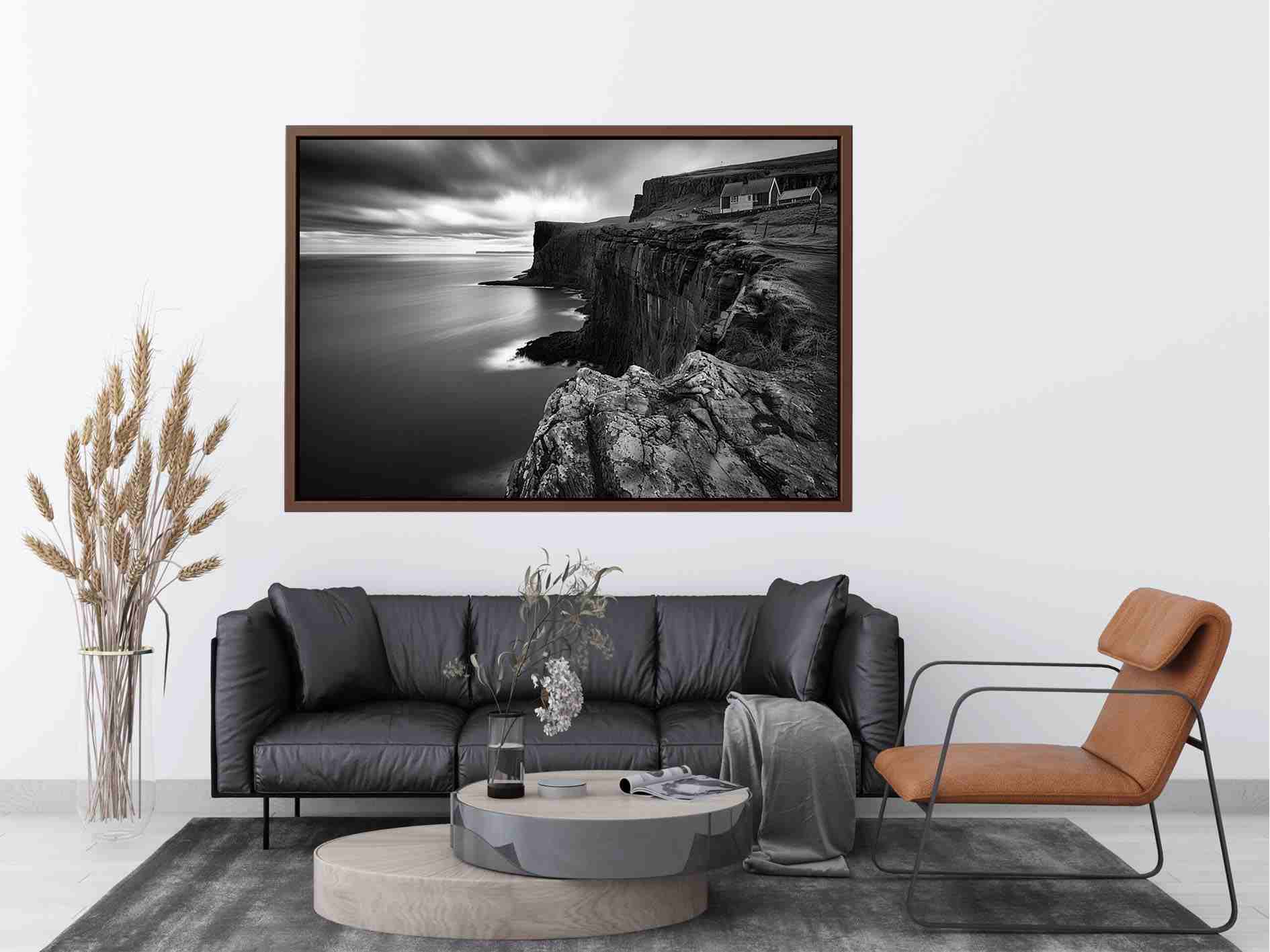 Black and white coastal cliff photography for modern living room decor.