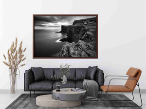 Black and white coastal cliff photography for modern living room decor.