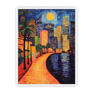 Colorful moonlit city waterfront artwork for contemporary living room decor.