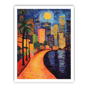 Colorful moonlit city waterfront artwork for contemporary living room decor.