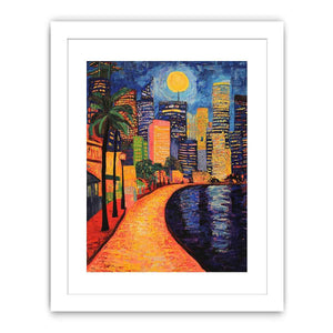 Colorful moonlit city waterfront artwork for contemporary living room decor.