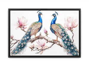 Peacock and magnolia floral artwork for elegant bedroom decor.