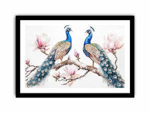 Peacock and magnolia floral artwork for elegant bedroom decor.