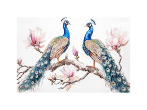 Peacock and magnolia floral artwork for elegant bedroom decor.