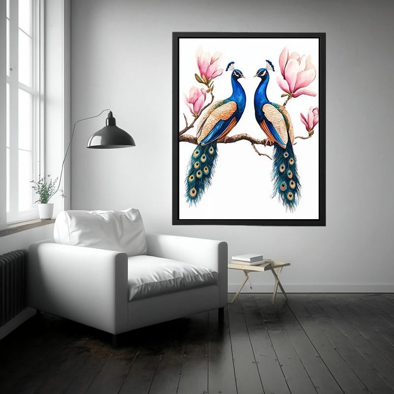 Peacock pair with pink blossoms artwork for elegant wall decor.
