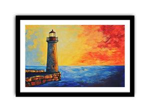 Coastal lighthouse canvas art with red sunset sky and blue ocean for modern living room decor.