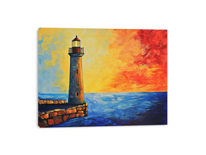 Coastal lighthouse canvas art with red sunset sky and blue ocean for modern living room decor.