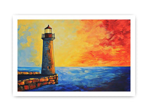 Coastal lighthouse canvas art with red sunset sky and blue ocean for modern living room decor.