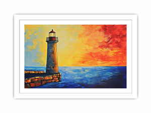 Coastal lighthouse canvas art with red sunset sky and blue ocean for modern living room decor.