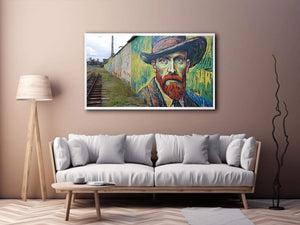 Colorful expressionist portrait mural artwork for creative office decor.