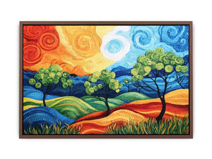 Colorful abstract landscape with trees for modern living room decor.