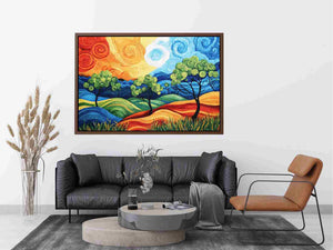 Colorful abstract landscape with trees for modern living room decor.