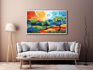 Colorful abstract landscape with trees for modern living room decor.