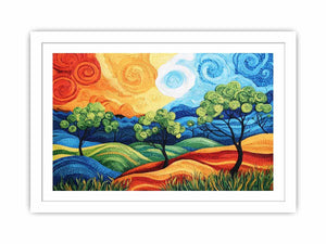Colorful abstract landscape with trees for modern living room decor.