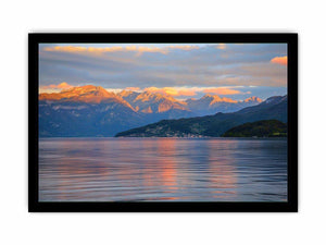 Mountain lake photography artwork for serene living room decor.
