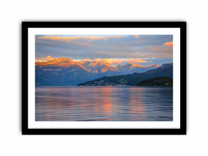 Mountain lake photography artwork for serene living room decor.