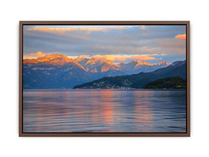 Mountain lake photography artwork for serene living room decor.