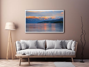 Mountain lake photography artwork for serene living room decor.