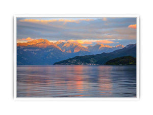 Mountain lake photography artwork for serene living room decor.