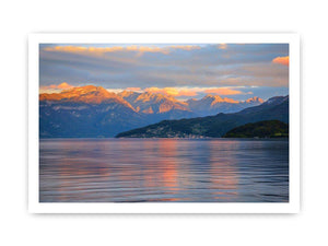 Mountain lake photography artwork for serene living room decor.