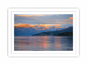 Mountain lake photography artwork for serene living room decor.