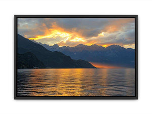 Sunset mountain lake photography for luxury wall decor.