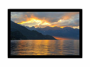 Sunset mountain lake photography for luxury wall decor.
