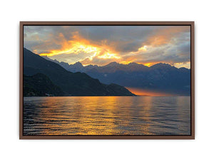 Sunset mountain lake photography for luxury wall decor.